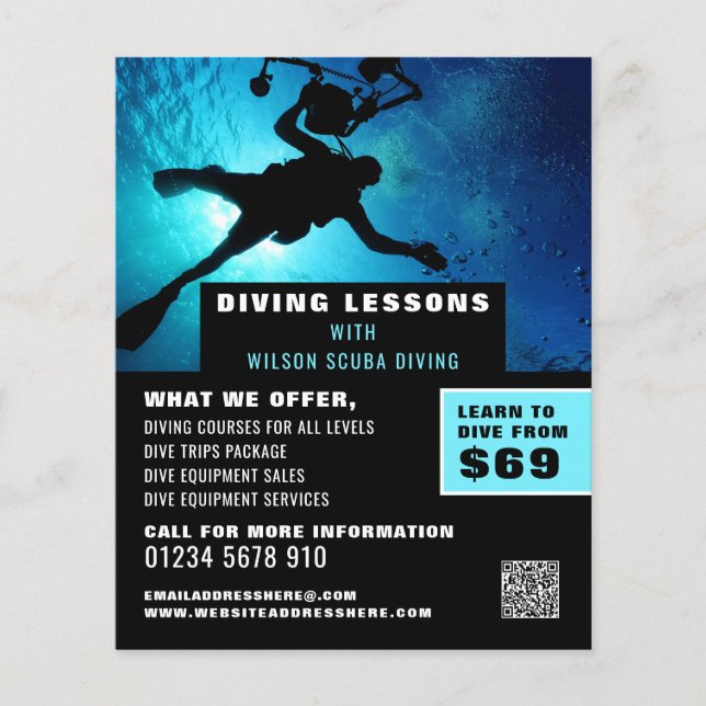 Deep Sea Diver Silhouette, Scuba Diving Lesson Flyer (Front)