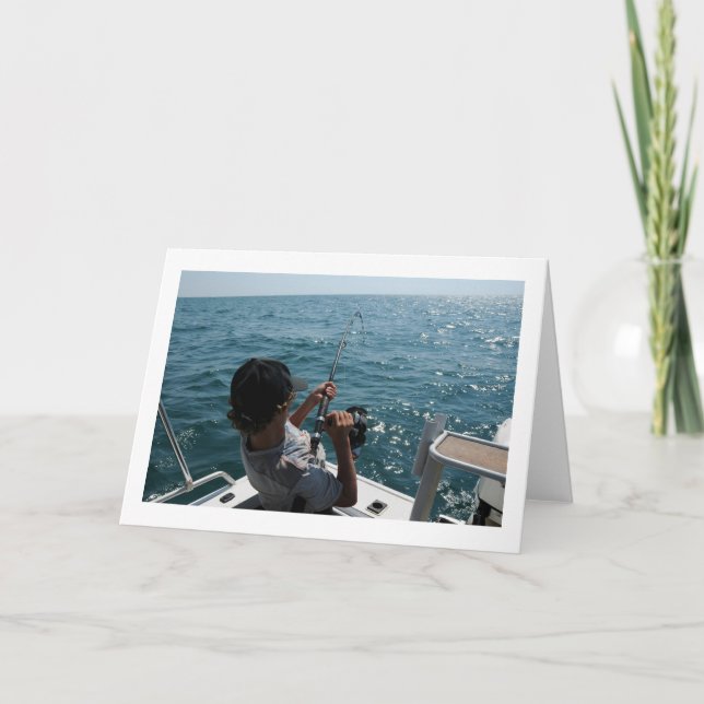 Deep Sea Fishing Adventure – Angler Reeling Photo Card (Front)