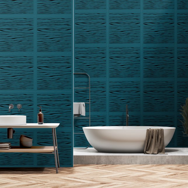 Deep Sea Green Blue Line Art Squared Tile Wallpaper (Bathroom)