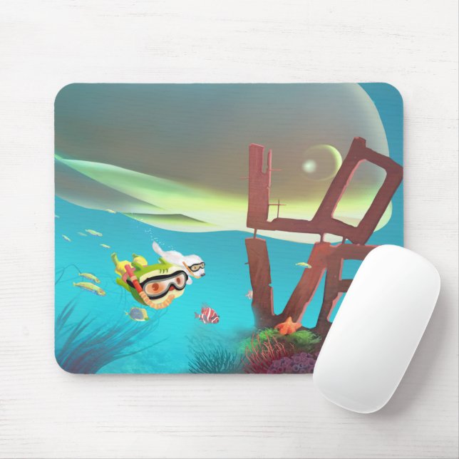 Deep Sea LOVE: Iron T & Smile Pup Snorkelling Mouse Mat (With Mouse)