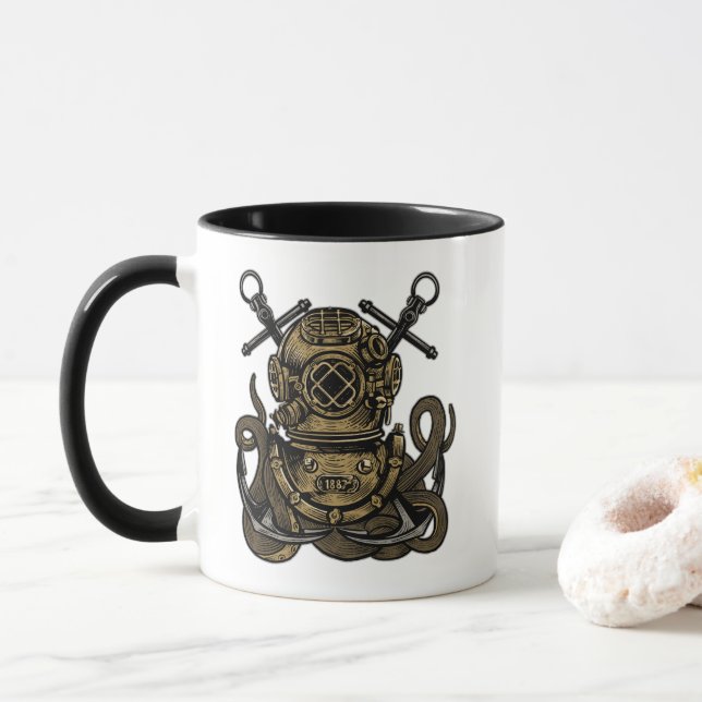 Deep Sea, Ocean Bell Diver, Octopus, Anchor, Mug (With Donut)