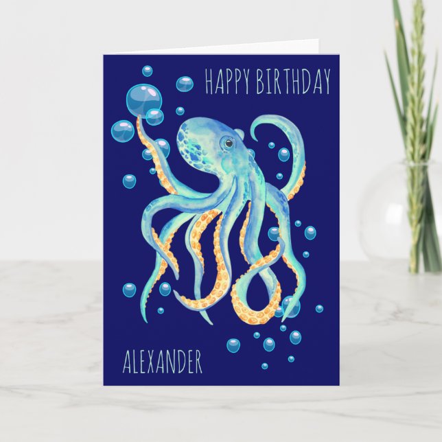 Deep Sea Octopus Blue Bubble Navy Birthday Card (Front)