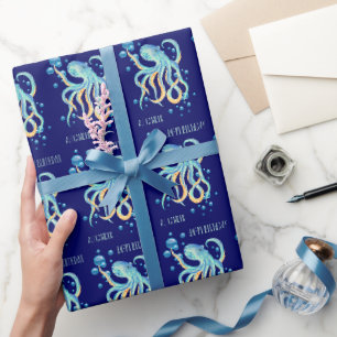 Deep Sea Octopus Blue Bubble Navy Birthday Wrapping Paper