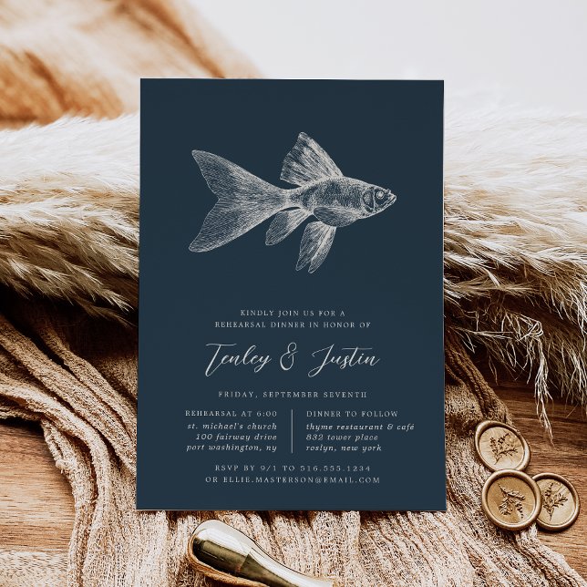 Deep Sea Vintage Coastal Fish Rehearsal Dinner Invitation (Creator Uploaded)