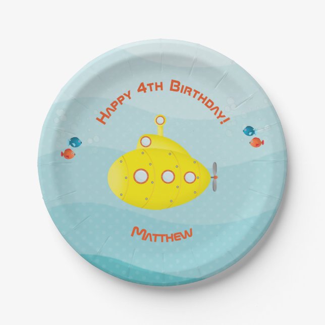 Deep Sea Yellow Submarine Paper Plate (Front)