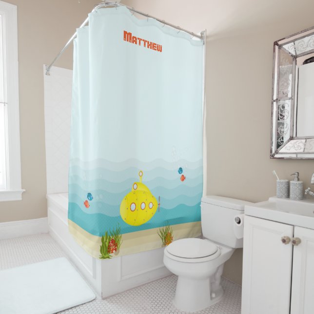 Deep Sea Yellow Submarine Shower Curtain (In Situ)