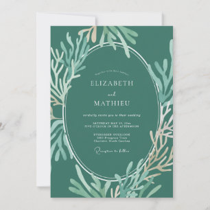 Deep Seafoam Coral Eucalyptus Wedding Invitation