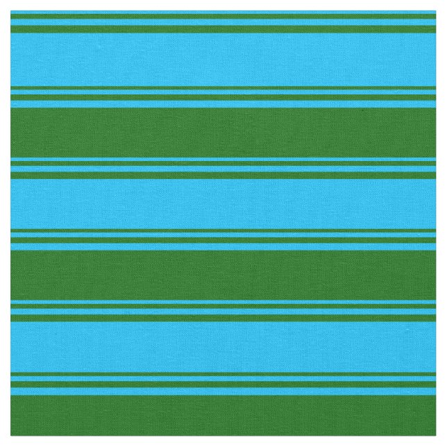 Deep Sky Blue and Dark Green Coloured Lines Fabric (Close Up)