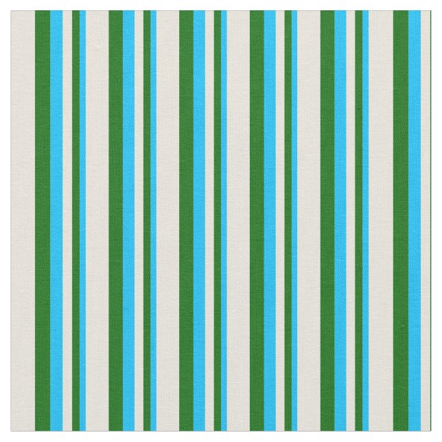 Deep Sky Blue, Dark Green, and Beige Pattern Fabric (Close Up)