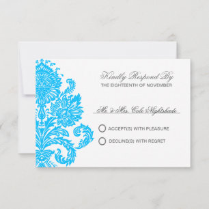 Deep Sky Blue Elegant Damask Wedding Customisable RSVP Card