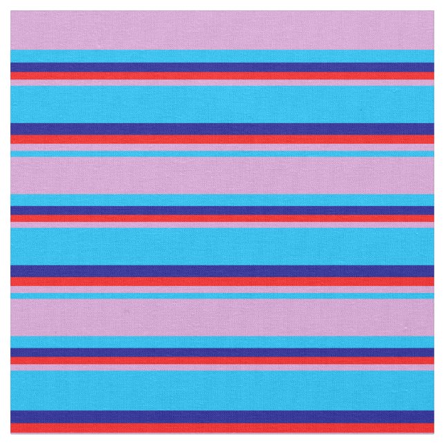 Deep Sky Blue, Plum, Red, and Dark Blue Stripes Fabric (Close Up)