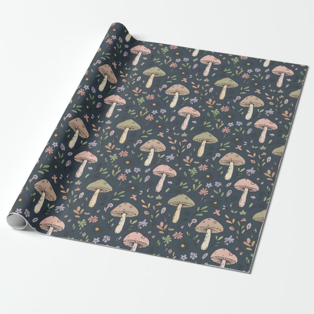 Deep Slate Blue Moody Mushroom Seamless Pattern Wrapping Paper (Unrolled)