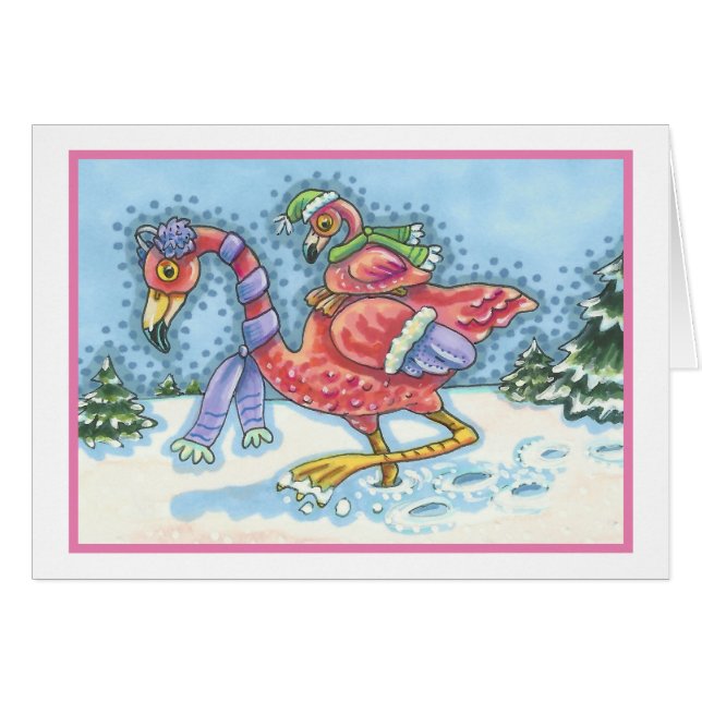 DEEP SNOW PINK FLAMINGO, HOLIDAY GREETING CARD B (Front Horizontal)