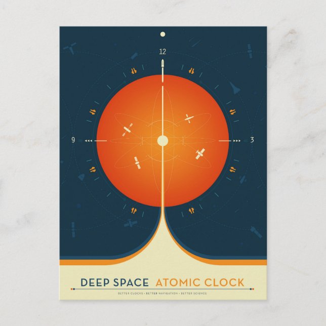 Deep Space Atomic Clock Poster, Orange Version. Postcard (Front)