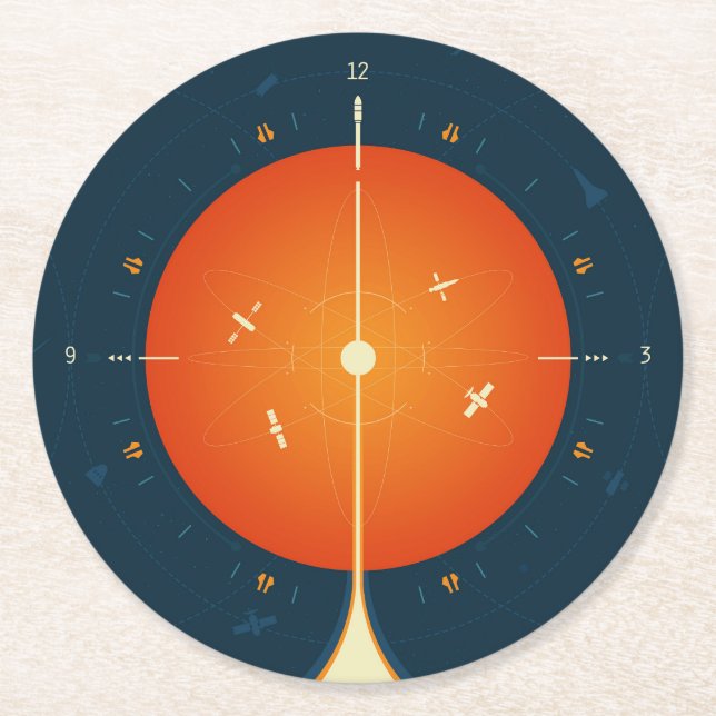 Deep Space Atomic Clock Poster, Orange Version. Round Paper Coaster (Front)