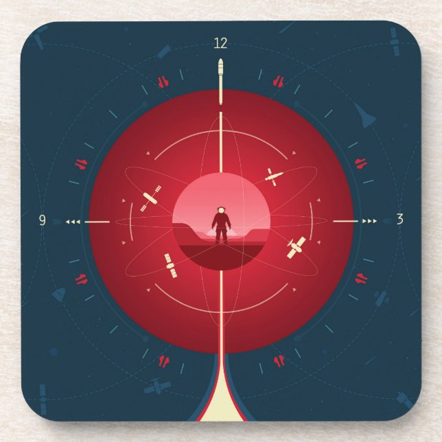 Deep Space Atomic Clock Poster, Red Version. Coaster (Front)