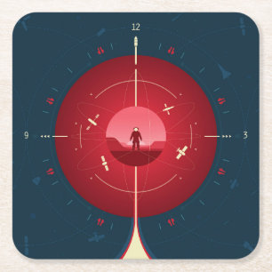 Deep Space Atomic Clock Poster, Red Version. Square Paper Coaster