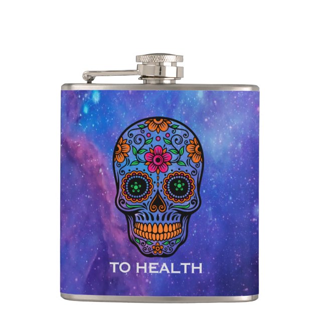 Deep Space Background & Floral Sugar Skull Hip Flask (Front)