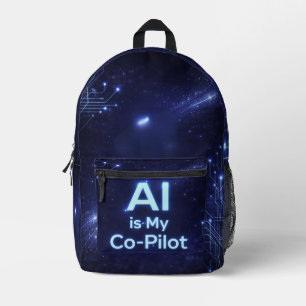 Deep space navy and electric cyan AI art Printed Backpack