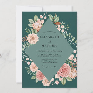 Deep Spruce Peony Wedding Invitation
