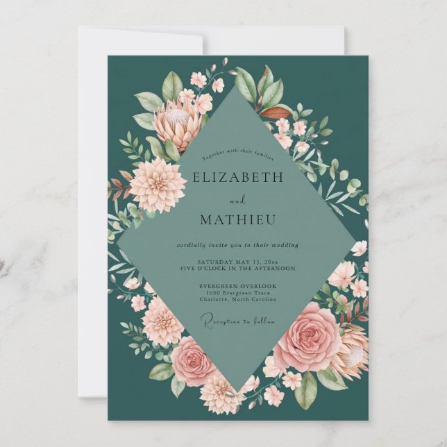 Deep Spruce Peony Wedding Invitation (Front)