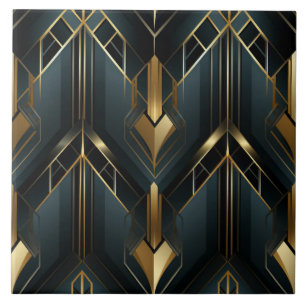 Deep Teal and Gold Art Deco Angular Frames Tile