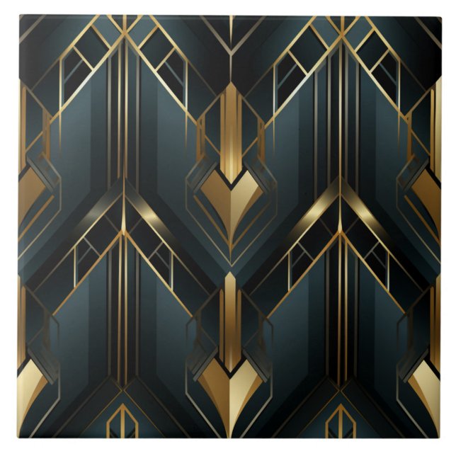 Deep Teal and Gold Art Deco Angular Frames Tile (The complete printed Art Deco tile design. Tiles sold individually.)