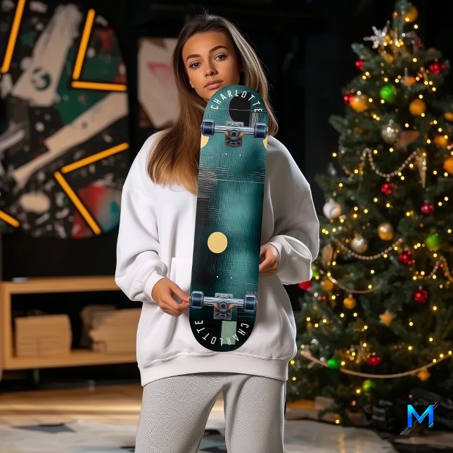 Deep Teal and Gold Minimalist Abstract Skateboard (Creator Uploaded)