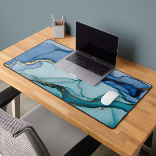 Deep Teal and Navy Alcohol Ink Gold Vein Desk Mat
