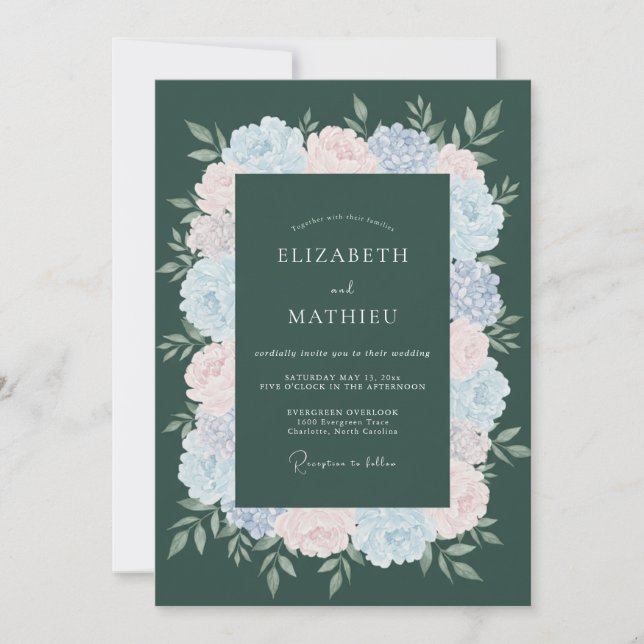 Deep Teal Blossom Wedding Invitation (Front)