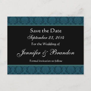 Deep Teal Blue Damask Save Date Postcard