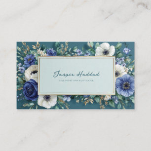 Deep Teal Blue Floral Gold Frame Watercolor Business Card