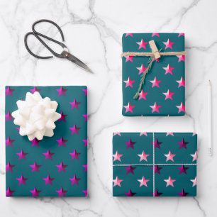 Deep Teal Blue Pink Violet Purple Stars Wrapping Paper Sheet