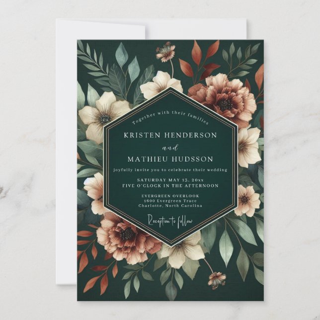 Deep Teal Botanical Bloom Wedding Invitation (Front)
