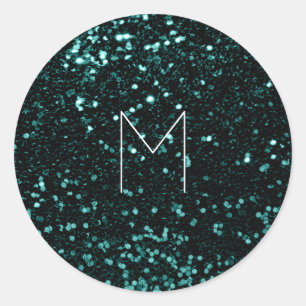Deep Teal Cali Glitter Metallic Minimal Monogram Classic Round Sticker