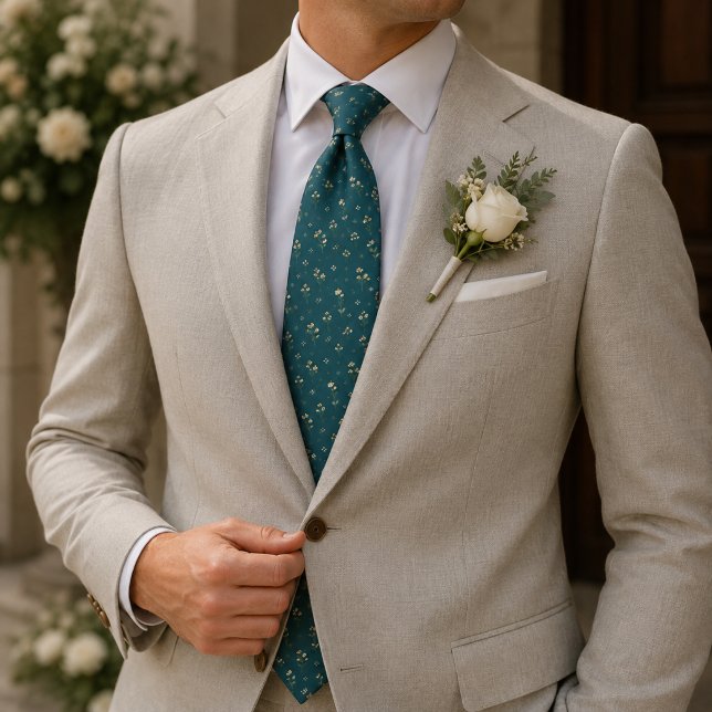 Deep Teal Champagne Botanical Foulard Pattern Tie (Creator Uploaded)