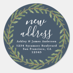 Deep Teal Christmas Greenery New Address Classic Round Sticker