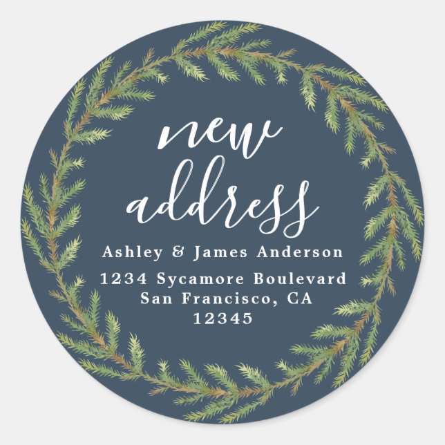 Deep Teal Christmas Greenery New Address Classic Round Sticker (Front)