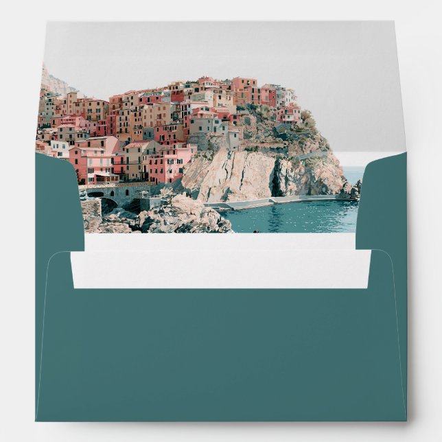 Deep Teal Cinque Terre Wedding Return Address Envelope (Back (Bottom))