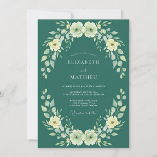 Deep Teal Cream Ranunculus Eucalyptus Wedding Invitation