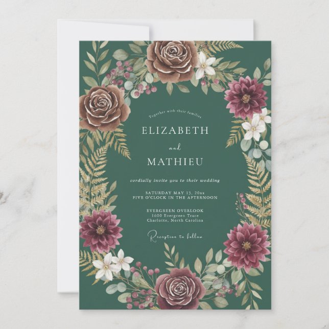 Deep Teal Dahlia Wedding Invitation (Front)