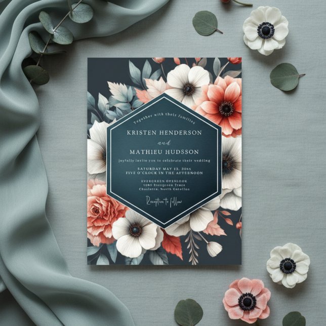 Deep Teal Floral Bloom Wedding Invitation (Creator Uploaded)