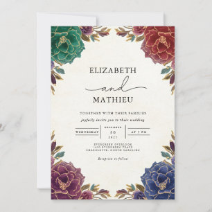 Deep Teal Floral Romance Wedding Invitation