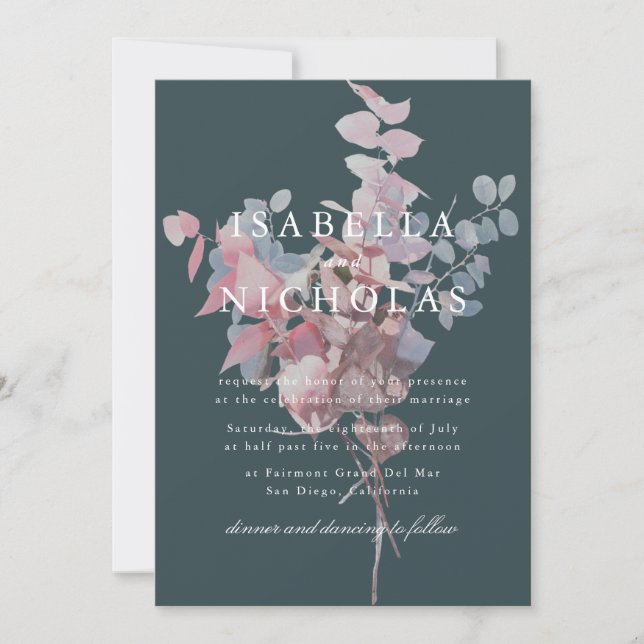 Deep Teal Floral Wedding Invitation (Front)