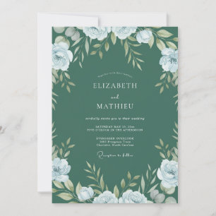 Deep Teal Foliage Dusty Eucalyptus Wedding Invitation