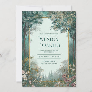 Deep Teal Forest Gold Frame Romantic Floral Invitation