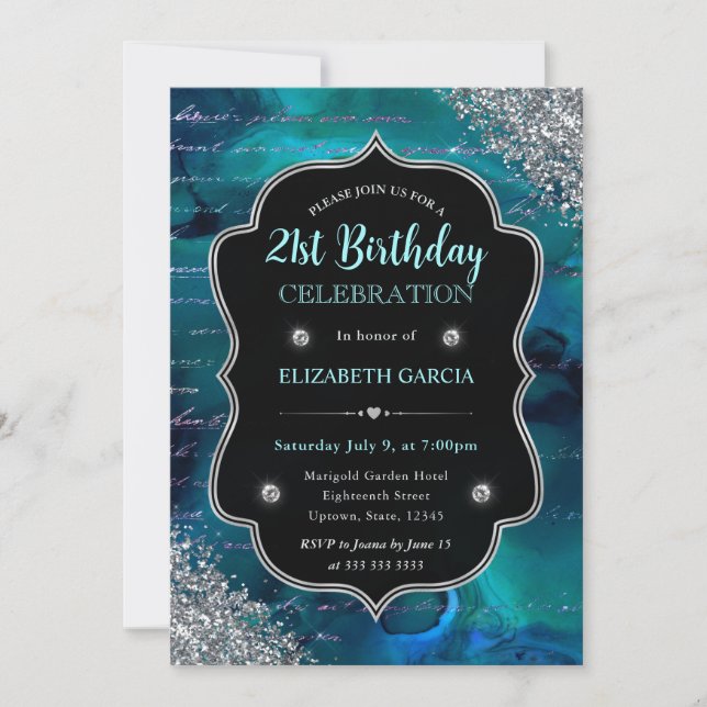 Deep Teal Glitter Mermaid Letters Birthday Invitation (Front)