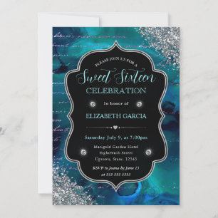 Deep Teal Glitter Mermaid Letters Sweet 16 Invitation