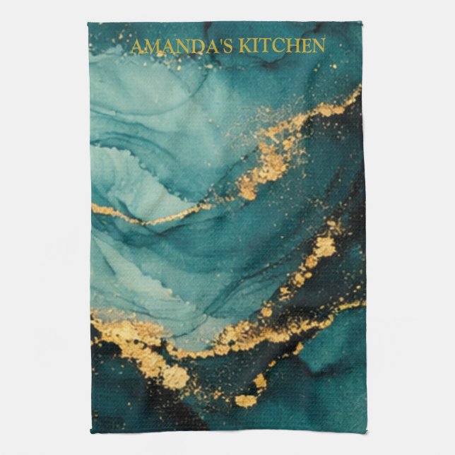 Deep Teal & Gold Fluid Motion Alcolhol Ink Design Tea Towel (Vertical)