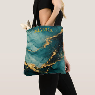 Deep Teal & Gold Fluid Motion Alcolhol Ink Design Tote Bag
